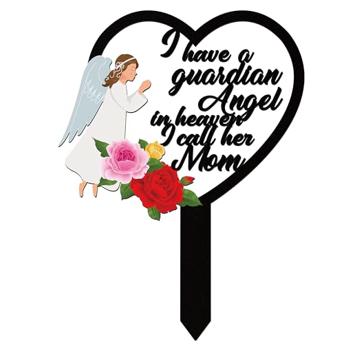 BUoonyer Stake Graves Cemetery Decorations - Mom Metal Memorial Grave Marker, Mother Heart Graveyard Sympathy Plaque, Angel Flower Remembrance Graveside Burial Decor Sign for Outside Yard Garden - style: Angel Mom