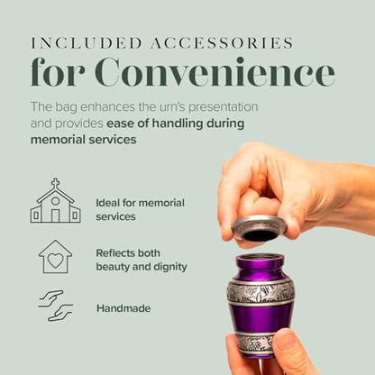 Eternal Harmony Small Keepsake Urn, Male & Female Small Cremation Urn for Human Ashes with Elegant Finishes, Secure Seal & Velvet Bag, Mini Urn for Men & Women Ashes Up to 3 Cubic Inches (Purple) - color: Purple