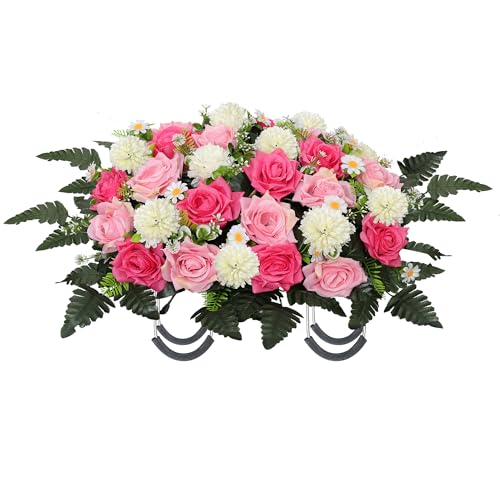 Lodou Artificial Cemetery Flowers,Headstone Flower Saddle,Realistic Vibrant Roses,Cemetery Memorial Flowers for Outdoor Tombstone Decorations (Pink) - color: Pink