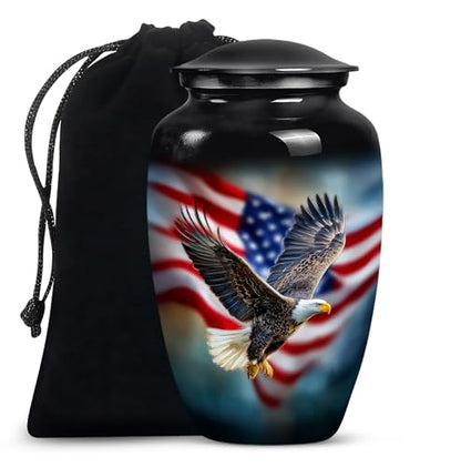 American Flag with Eagle Urn for Ashes Women -Patriotic Cremation Urns Men | Large Black Military Urns for Human Ashes Adult Man - Veteran Funeral Urn for 10 Inch and 200lbs - color: Patriotic Flying Eagle With American Flag