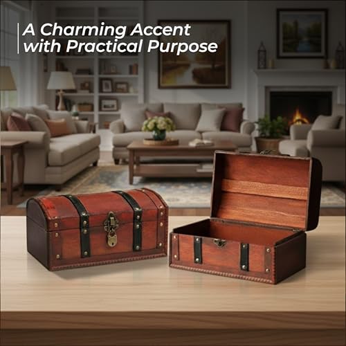 Red Wooden Treasure Chest Box, Lockable Vintage Keepsake Trunk, 11.8x8x6 in
