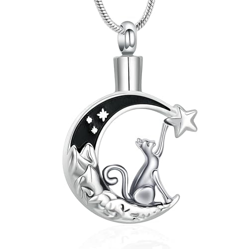 zeqingjw Cat Moon Cremation Necklace for Ashes Pet Ashes Keepsake Urn Jewelry for Ashes Stainless Steel Pet Urn Pendant Memorial Gift for Loved Ones - color: Silver