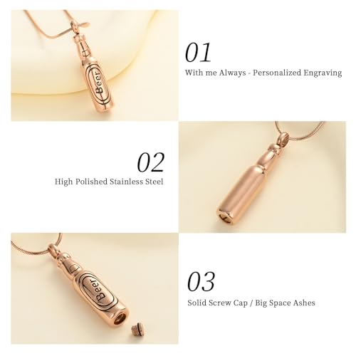 Oinsi Beer Bottle Cremation Jewelry for Ashes Stainless Steel Cylinder Tube Memorial Urn Necklace Keepsake Pendant Jewelry for Human Ashes with Filling Kits - color: A-Rose Gold