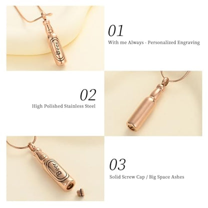 Oinsi Beer Bottle Cremation Jewelry for Ashes Stainless Steel Cylinder Tube Memorial Urn Necklace Keepsake Pendant Jewelry for Human Ashes with Filling Kits - color: A-Rose Gold