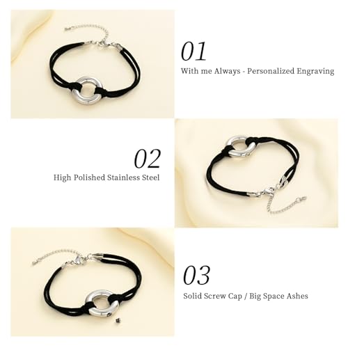 Oinsi Circle Of Life Cremation Jewelry Black Genuine Leather Memorial Urn Bracelet For Ashes Of Loved One Keepsake Holder For Women Men - color: Silver Tone