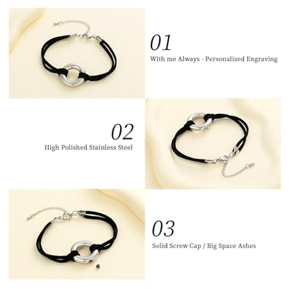 Oinsi Circle Of Life Cremation Jewelry Black Genuine Leather Memorial Urn Bracelet For Ashes Of Loved One Keepsake Holder For Women Men - color: Silver Tone