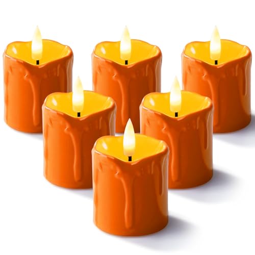 Homemory 2" x 2" Orange Flameless Votive Candles with Timer, Realistic Plastic Battery Operated Candles, 6Pack Black Wick Fall Candle for Pumpkin Lanterns, Halloween Decorations - color: Orange