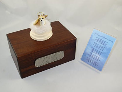Beautiful Paulownia Small Wooden Urn with Tan & White Chihuahua Stairway to Heaven Figurine with Poem & Personalized Pewter Engraving - color: Tan and White Chihuahua Angel "If Tears Could Build a Stairway"
