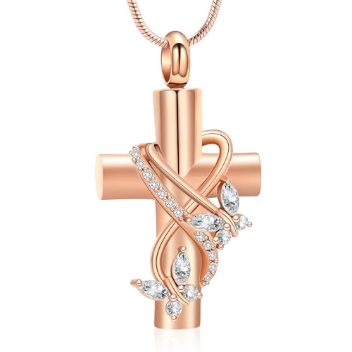 Cross Cremation Jewelry Butterfly Urn Necklace for Human Ashes for Women Men Memorial Ashes Keepsake Birthstone Pendant - color: Rose Gold-White