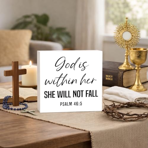 Rustic Wooden Sign, God Is Within Her, 5x5inch, Religious Decorative Sign - color: Christian 12