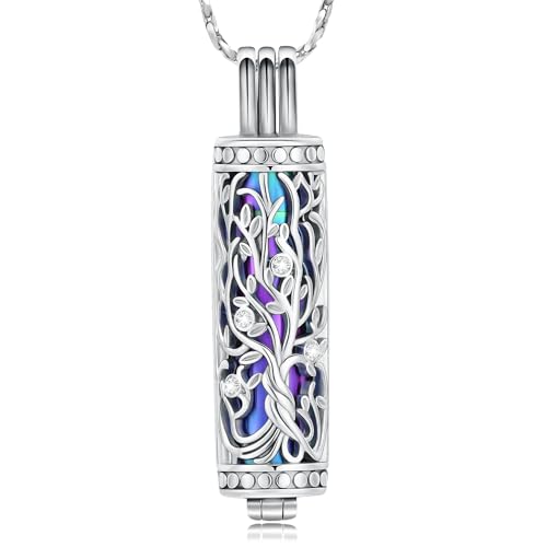 Tree of Life Urn Necklace for Women Men Cylinder Bar Memorial Ash Pendant | Tree of Life Cremation Jewelry,Stainless Steel Keepsakes Necklaces,Vial Ashes Pendant - color: Silver-Rainbow