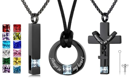 YOUFENG 3 Pieces Cremation Urn Necklaces for Ashes Keepsake Cremation Jewelry Cross Round Bar Birthstone Crystal Stainless Steel Memorial Pendant for Women Men - color: Aquamarine