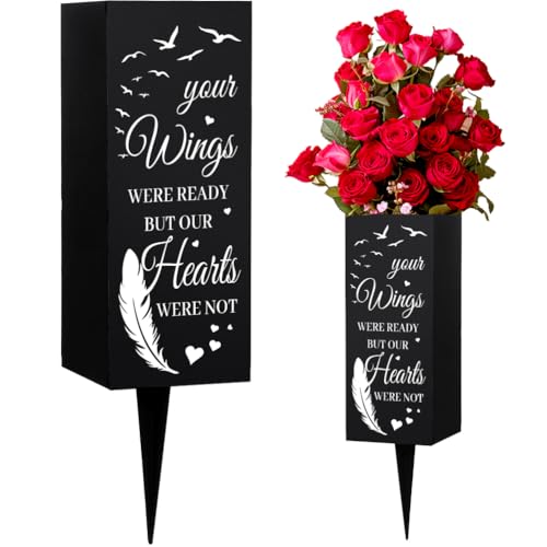 WEBEEDY Love Birds Grave Vases with Spike Metal Cemetery Flower Holder, Memorial Vases Cemetery Decorations for Grave Condolences Sympathy Gifts Memorial Day for Loss of Loved One, 1pc, 3.1x7.9 Inch - color: Feathers and Birds in Flight