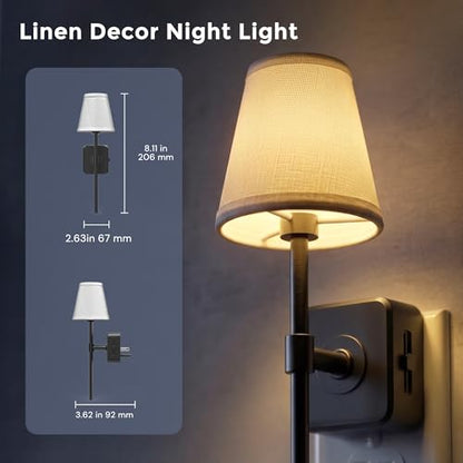 L LOHAS LED Night Light, Premium Fabric Linen Shade Plug in Night Light - color: Linen Cover Black-3000K, size: 2 Pack