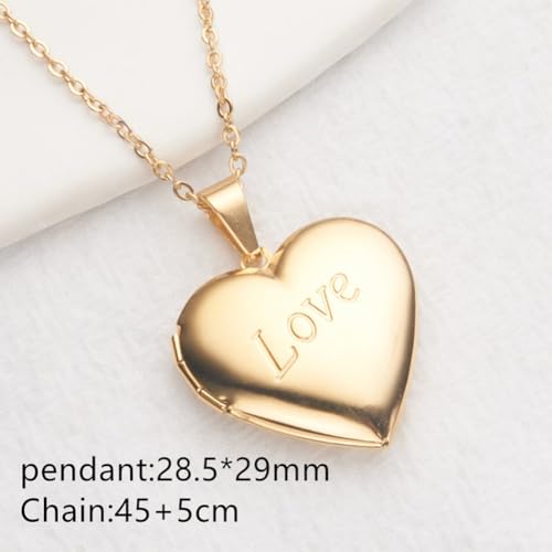 Heart Locket Necklace Pendant Dainty Memorial Keepsake Locket Necklace That Holds Pictures Stainless Steel Heart Photo Box Necklace for Women Lover Mother Father Daughter Son Fashion Jewelry Gifts - color: 02Gold