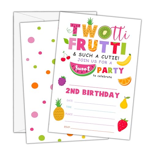 Birthday Invitations for Girls Boys - Tutti Frutti 2th Bday Invites with Envelopes(25-Count) - Turning 2 Fill-in Invite Cards for Party Supplies Favors Decorations - F17 - style: Tutti Frutti 2th