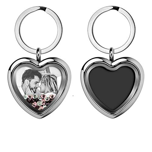 Custom Photo Text Engraved Heart Floating Living Locket Crystal Pendant Keychain - color: Pink - 1 Photo Engraving