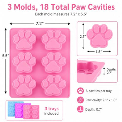 Dog Paw Silicone Mold 3 Pack, Paw Print Candy Molds for Chocolate, Gummies, Hard Candy, Ice Cubes, Dog Treats, Baking, Fondant, Soap, Wax & Resin DIY Crafts (Paw Print Mold)