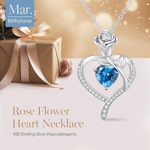 925 Sterling Silver Rose Love Heart Birthstone Necklaces for Women Jewelry | Hypoallergenic Nickel-Free & Lead-Free Pendant,Birthday Anniversary Christmas Gift for Women Wife Mom Girlfriend - color: White Gold-03-Mar