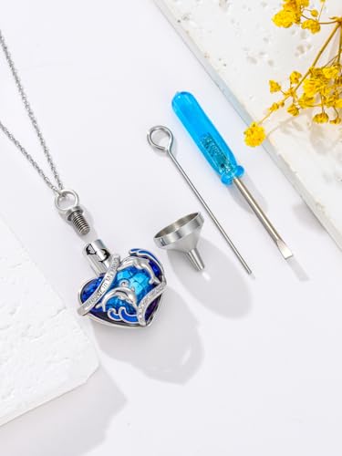 Urn Necklace for Women Sterling Silver Meaningful Memorial Jewelry | Paw Print/Butterfly/Dragonfly/Bird/Dolphin/Mountain/Tree of Life Urn Necklace for Ashes Cremation Keepsake Jewelry for Women - style: Heart-Dolphin