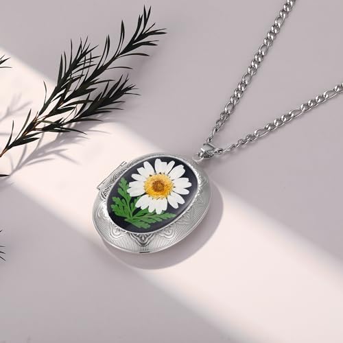 AUNTESIGN Forget-Me-Not and Queen Anne's Lace Pressed Wildflower Necklace | Birth Month Flowers Necklace | Gold/Silver Pressed Flower Jewelry | Mother's Day | Gift For Her - color: Daisy and Ferns Locket Necklace