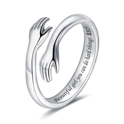 LOVECOM S925 Sterling Silver Hug Rings for Women Teen Girls Mother Daughter - color: Beautiful g@rl you can do hard things, size: US Size 8