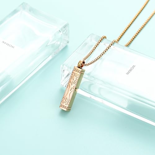Tree of Life Urn Necklace, Stainless Steel Memorial Ashes Pendant | Tree of Life Cremation Jewelry Stainless Steel Locket Vertical Bar Keepsake Necklace Jewelry for Women Men Human Ashes - color: Rosegold