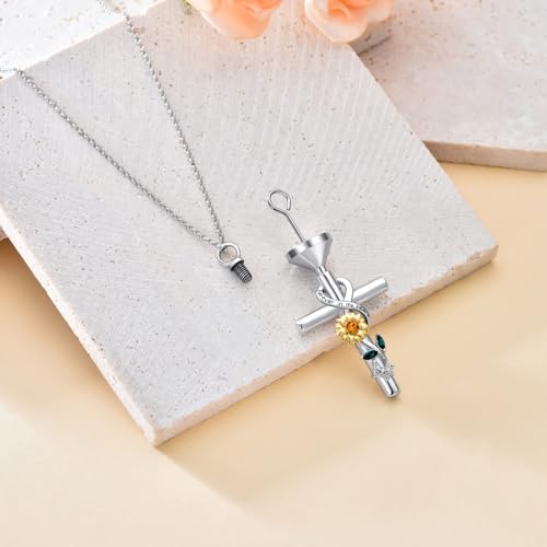 Cross Urn Necklace for Ashes 925 Sterling Silver Cremation Jewelry with Funnel Filler Kit Ashes Necklace for Human Women Girl Pets - color: B_Sunflower Urn Necklace, style: Personalized