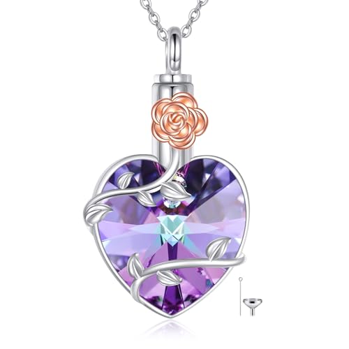 Cremation Urn Necklaces for Ashes Sterling Silver Cremation Jewelry for Ashes Holder Memorial Gifts for Women Men - style: Rose&Heart Crystal