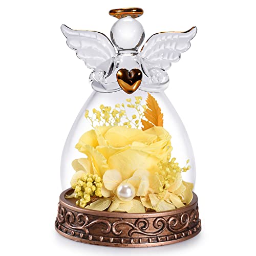 Preserved Real Rose in Glass Angel Figurine with LED Light, Angel Gifts for Women, Mom, Grandma on Mother's Day Christmas Birthday (Yellow) - color: Yellow