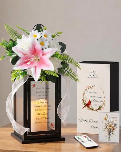 Sympathy Lantern with Flower, Memorial Gift for Loss of Mother Father, Funeral Remembrance Gift for Grieving Family - color: Cardinal/Black