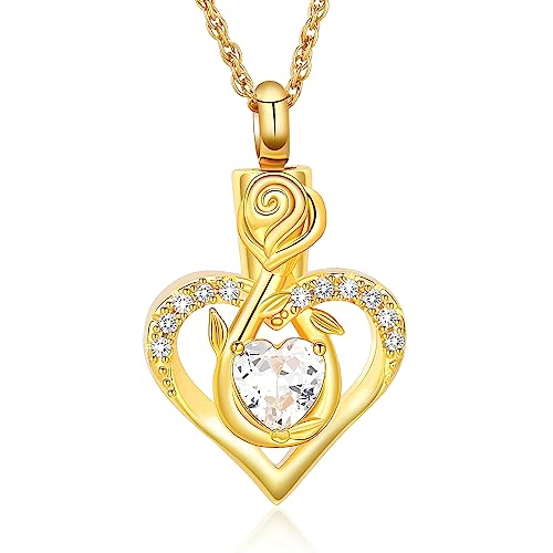 Roseflower Cremation Jewelry Heart Urn Necklace for Ashes for Women Gilrs Memorial Keepsake Birthstone Pendant Necklaces for Ashes of Loved Ones - color: Golden-white