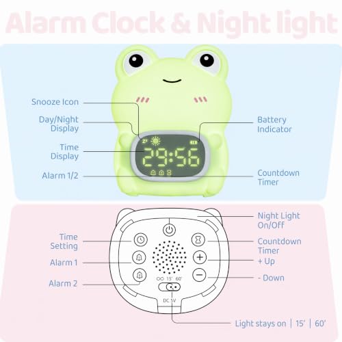 Frog Night Light with Alarm Clock，Frog Gifts with Rechargeable Silicone Lamp Cute Animal Tabletop Lamp, OK to Wake Clock with 9 RGB Color Light, 6 Soothing Sounds, Dual Alarm, for Boys & Girls - style: Frog