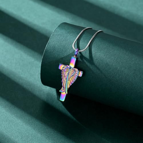 Cross Cremation Jewelry Urn Necklaces Cross Angel Wings Urn Necklaces for Ashes Memorial Keepsake Pendant for Women Men Gifts With Funnel Kit & Bag - color: Rainbow