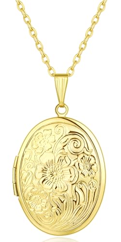 Gold Oval Flower Locket Necklace that Holds Pictures Photo Locket Pendant - color: GoldOval