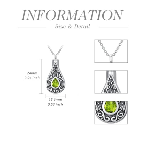 Teardrop Urn Necklace for Ashes Filigree Birthstone Keepsake Pendant Cremation Jewelry for Ashes Memorial Jewelry Gifts for Loss of a Loved One for Women - style: Aug-Peridot