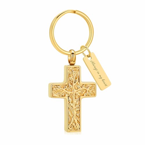 XSMZB Cross Urn Necklace for Ashes for Women Men Tree of Life Cross Cremation Jewelry Keepsake Pendant for Ashes of Loved One - color: Gold Keychain
