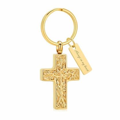 XSMZB Cross Urn Necklace for Ashes for Women Men Tree of Life Cross Cremation Jewelry Keepsake Pendant for Ashes of Loved One - color: Gold Keychain