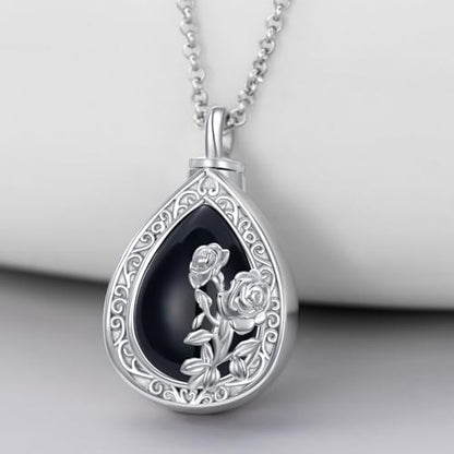 Rose & Daisy Urn Necklace - Sterling Silver Cremation Keepsake Memorial Jewelry - style: Rose Urn Necklace-Black Onyx