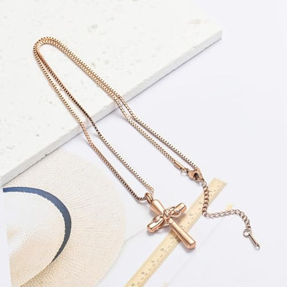 XSMZB Rose Flower Cross Cremation Jewelry for Ashes Human Pet Funeral Urn Pendant Cross Keepsake Ashes Necklace Memorial Gift - color: Rose Gold
