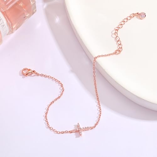 Moodear Cross Bracelet for Women, Dainty Sterling Silver/Gold Plated Gift | Christian Religious Gifts for Teen, Stocking Stuffers, Adjustable Link Bracelets, Sparkling CZ Cross, Non Tarnish Jewelry - color: CZ Rose Gold Cross Bracelet
