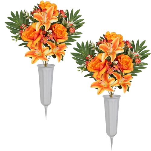 2Sets Artificial Cemetery Flowers with Cemetery Vase Artificial Rose Lily Bouquet Graveyard Memorial Flowers for Memorial Day Outdoor Grave Cemetery Headstones Decorations (Orange) - color: Orange
