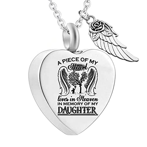 Angel Wing Heart Urn Necklaces for Ashes A PIECE OF MY Dad Mom Daughter Son Papa Cremation Jewelry Keepsake Memorial Pendant for Women Men - style: Daughter