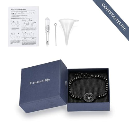 constantlife Compass Urn Bracelet for Ashes Stainless Steel Adjustable Link Bangle Cremation Keepsake Loved Ones Memorial Jewelry for Women Men - color: Black