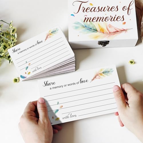 Gilprop 112 Pcs Celebration of Life Memory Cards Set Share a Memory Cards with Box 2 Wood Sign with 4 Hold and 5 Pens, Sympathy Memorial Gifts Funeral Keepsake Decorations(Feather) - style: Feather