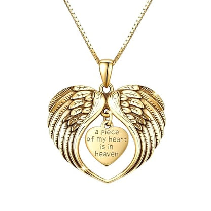 TUGHRA Memorial Necklace for Women Men, Angel Wings Heart Pendant 925 Sterling Silver A Piece of My Heart Is In Heaven Charm Necklace Sympathy Gift - style: 01-Angel Gold