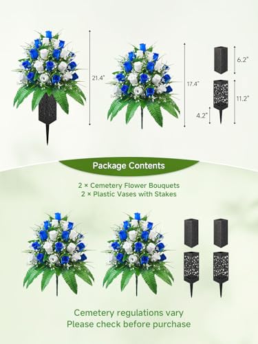 Mirevielyn 2-Pack 24 Stems Artificial Rose Cemetery Flowers with Vases - color: Blue & White (Full Bouquet)
