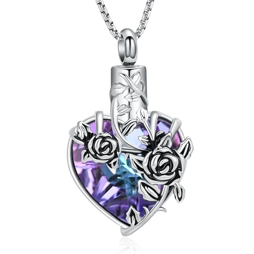Rose Flower Cremation Urn Necklace for Ashes Heart Crystal Memorial Jewelry for Women Urn Keepsake Pendant Human Pet Memorial Locket Holder - color: Silver (Purple Stone)