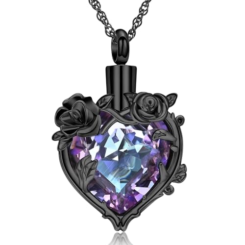 Cremation Jewelry for Ashes Rose Flower Urn Necklace with Crystal Heart Ashes Pendant Butterfly Necklaces for Women Men Memorial Keepsake Jewelry Gift - color: Black-purple