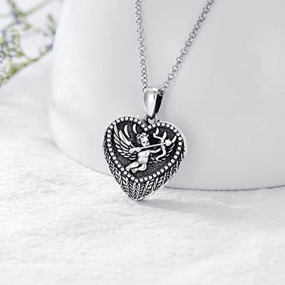 SOULMEET Personalized Silver Locket Necklace That Holds Pictures Photo Keep Someone Near to You, Memorial Custom Lockets Necklaces Letters Engraving for His Her - color: T4-Angel cupid-Black, style: Locket+Custom Photo+Engraved
